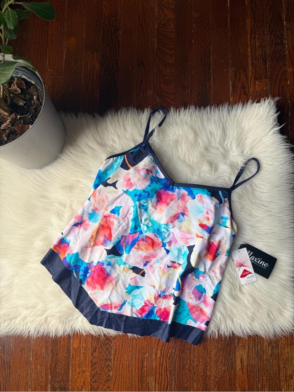 Maxine of Hollywood Tankini Top Plus Size 16 Blue Pink White NWT